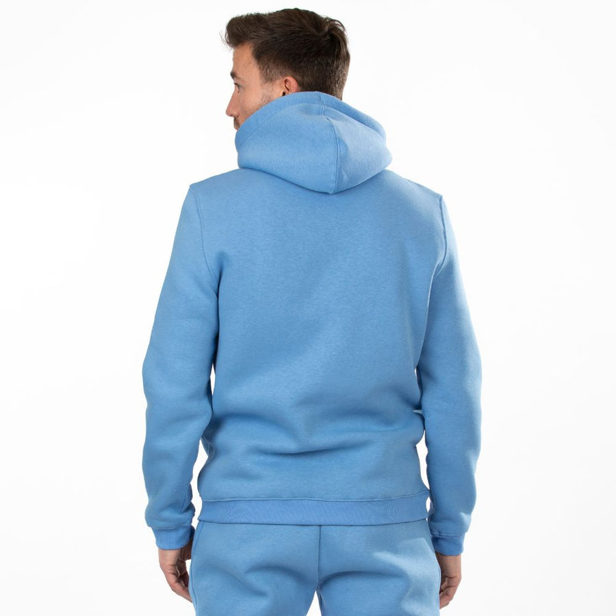 Draagfoto Achterkant Classic Comfort Heren Hoodie Blauw Comfy Style met Classic Comfort Heren sweatpants blauw
